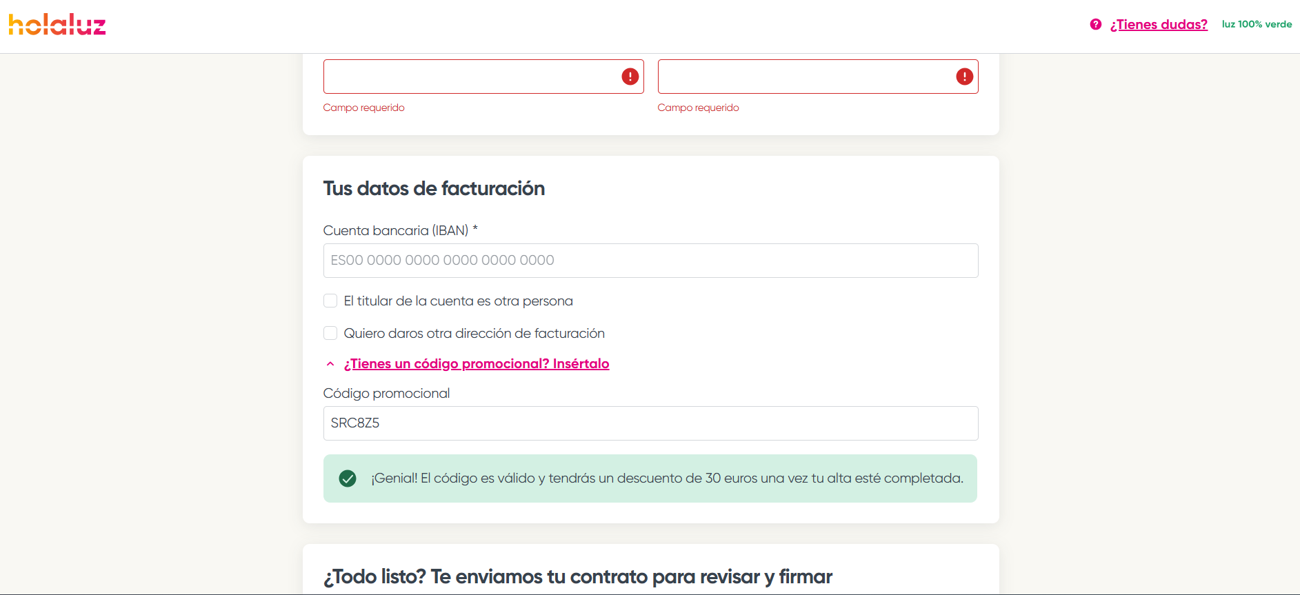Captura de pantalla: dónde introducir el código Holaluz